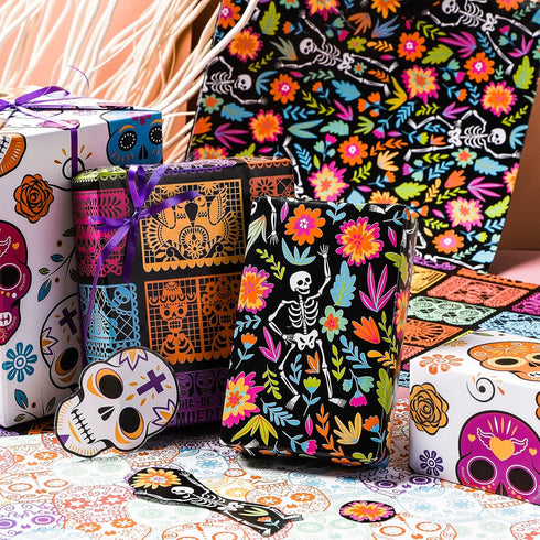 LeZakaa Holiday Wrapping Paper Sheet - 12 Sheet with 4 Different Design - Skull/Skeleton/Floral Print for Day of the Dead, Halloween - 27.5 x 19.6...