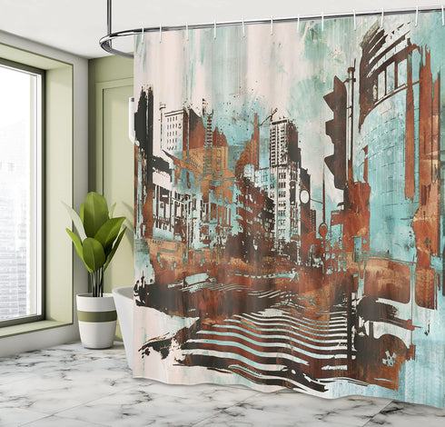 Ambesonne Grunge Shower Curtain, Urban Cityscape Contemporary Abstract Acrylic Paint Style Brush Strokes, Cloth Fabric Bathroom Decor Set with Hoo...