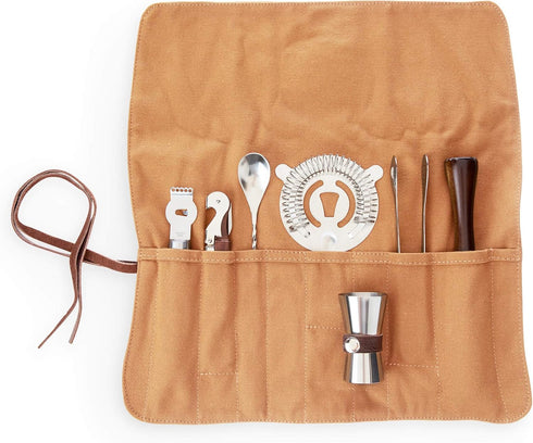 Foster & Rye Canvas Travel Bartender Kit Barware Set, Cocktail Tool Bag and Portable Bar Set perfect Gifts for Men, Set of 7, Brown...
