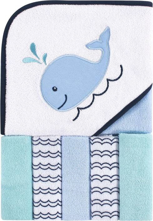 Luvable Friends Unisex Baby Hooded Towel with Five Washcloths, Cotton, Boy Whale, One Size...