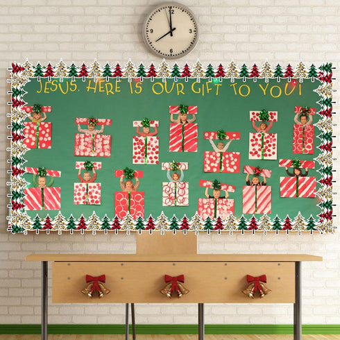 49.2 Ft Christmas Tree Bulletin Board Border, Self-Adhesive Plaid Leopard Christmas Tree Bulletin Board Border Trim for Christmas Winter School Cl...