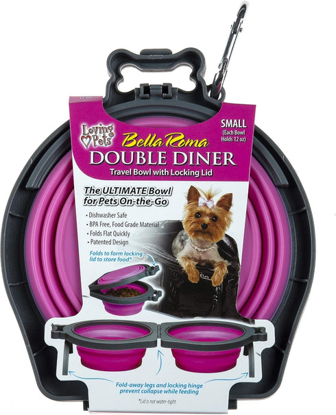 Loving Pets - Bella Roma Double Diner Portable Travel Dog Bowls Collapsible Combined Dog Food & Water Bowls (Pink, Small)...