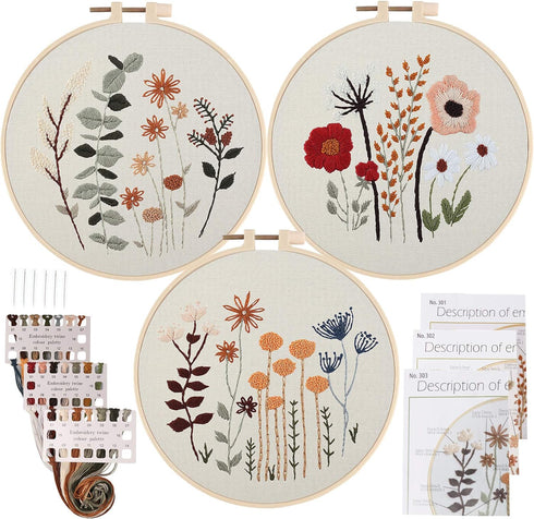 Uphome 3 Pack Embroidery Starter Kit for Beginners Stamped Cross Stitch Kits with Cute Flowers and Plants Patterns with 1 Embroidery Hoop and Colo...