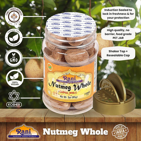Rani Nutmeg (Jaiphul) Whole Spice, 17-19 Pieces, 3oz (85g) PET Jar ~ All Natural | Vegan | Gluten Friendly | NON-GMO | Kosher | Indian Origin...