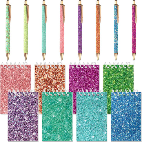 Sherr 16 Pcs Glitter Pens and Notebooks Glitter Pocket Notepad Mini Notebooks for Kids Fancy Pens for Women Pretty Cute Colorful Ballpoint Pens Sp...