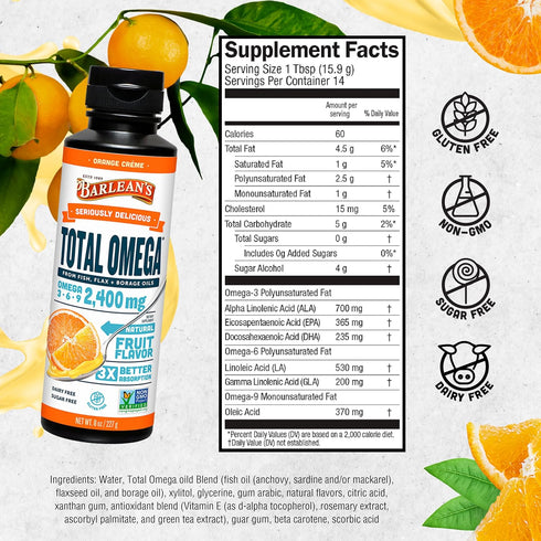 Barlean's Total Omega 3 6 9 Orange Crème Liquid Fish Oil Supplement with Borage and Flaxseed Oil, 2,400 mg of Omegas EPA and DHA Plus GLA for Join...