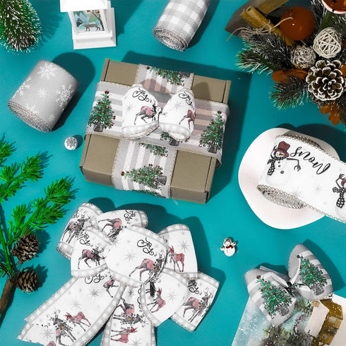 AnyDesign 6 Roll Christmas Wired Ribbon Farmhouse Rustic Craft Ribbon Grey Buffalo Plaid Snowman Snowflake Reindeer Xmas Tree Eucalyptus Gift Ribb...