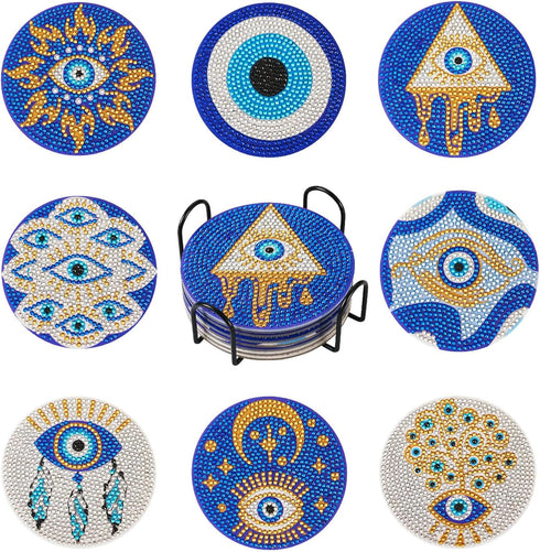 8Pcs Evil Eye Diamond Painting Coaster 5D Diamond Cup Mat with Holder Cork Pad Rhinestone Non Slip Drink Table Coaster for Beginners Adults DIY Pa...