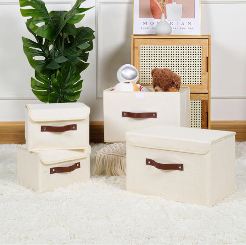 ANMINY Storage Bin with Lid Storage Boxes with PU Leather Handles PP Plastic Board Decorative Foldable Lidded Cotton Linen Fabric Home Cubes Baske...