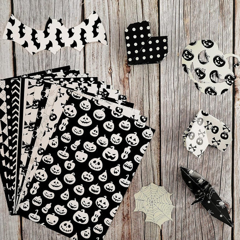 Whaline 12 Designs Halloween Pattern Paper Set A5 Size Beige Black Craft Paper 60 Sheet Spider Pumpkin Bat Witch Plaid Stripe Dot Origami Paper Do...