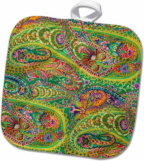 3D Rose N Paisley with Bird Pot Holder, 8" x 8", Orange and Turquoise...