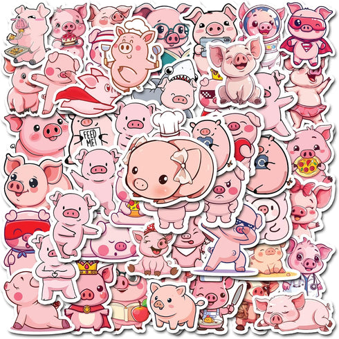 50 PCS Pig Stickers Waterproof Decal Vinyl Cute Animal Kawaii Cartoon Pink Piggy Sticker Decoration Water Bottles Tablets Scrapbook Skateboard Pho...
