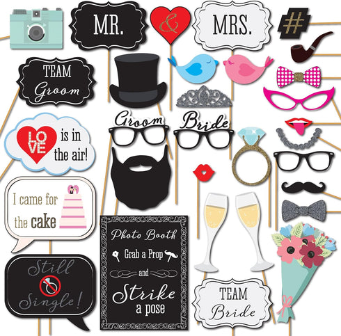 Wedding Photo Booth Props with 8 x 10-Inch Sign, 45 Adhesive Pads, 35 Wooden Sticks - Signs for Wedding Backdrop and Selfie Station...