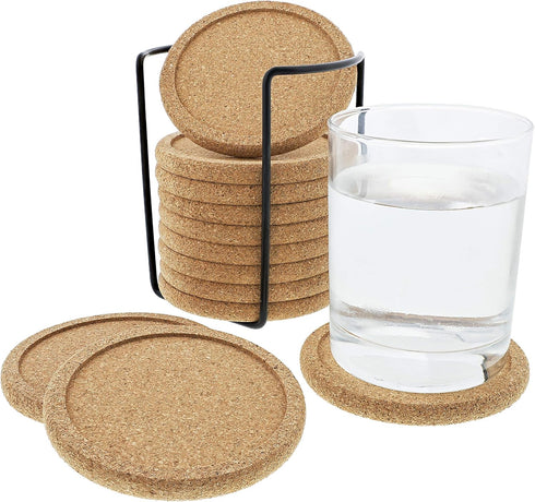 Cork Coasters with Lip for Drinks Absorbent | 12 Set 4 Inch Thick Rustic Saucer with Metal Holder Heat & Water Resistant | Best Reusable Natural R...