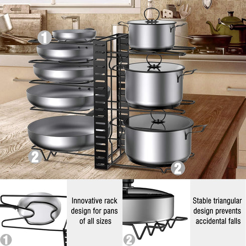 Pot Rack Organizer, 3 DIY Methods, Height and Position are Adjustable - 8 Pots Holder, Metal Kitchen Cabinet Pantry Pot Pan Lid Holder (BLACK)...
