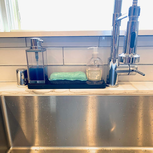 Happitasa Silicone Kitchen Sink Organizer Tray, Sponge Holder and Countertop Protector | Bathroom and Kitchen Soap Dish and Dispenser Tray (Black,...