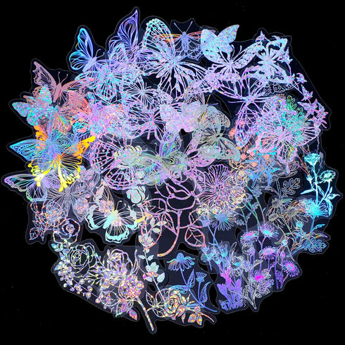 Suclain 180 Pcs Holographic Glitter Butterfly Sticker Set Waterproof Plant Decorative Flower Decal Glitter Adhesive Sticker for Scrapbooking Journ...