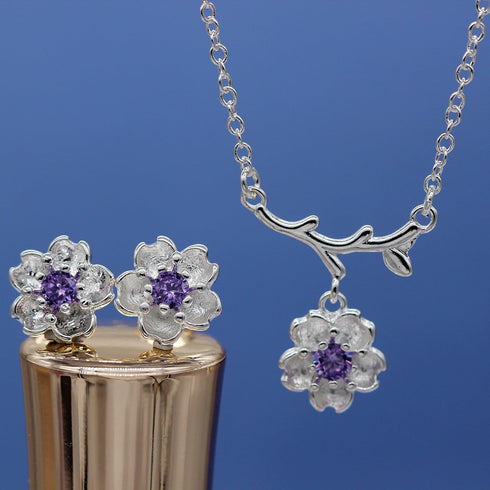Uloveido Pink Purple Crystal Stone Flower Earrings and Necklace Jewelry Set for Bridal Women White Gold Plated DT340...