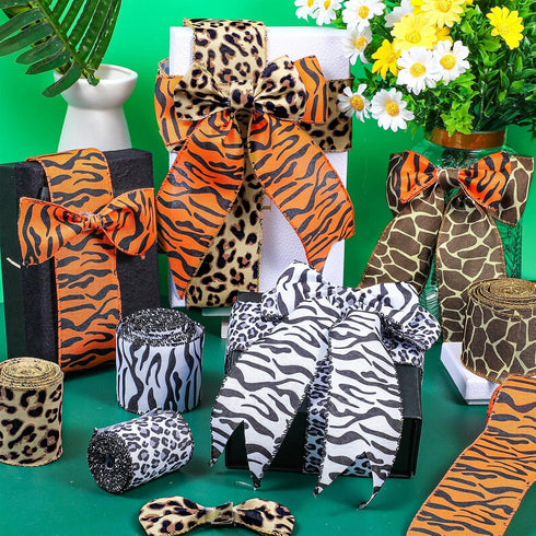 5 Rolls Jungle Animal Wired Ribbons 2.5 Inch Party Decorations Safari Animal Burlap Wrapping Ribbon for Crafts Leopard Zebra Cheetah Leaves Printe...