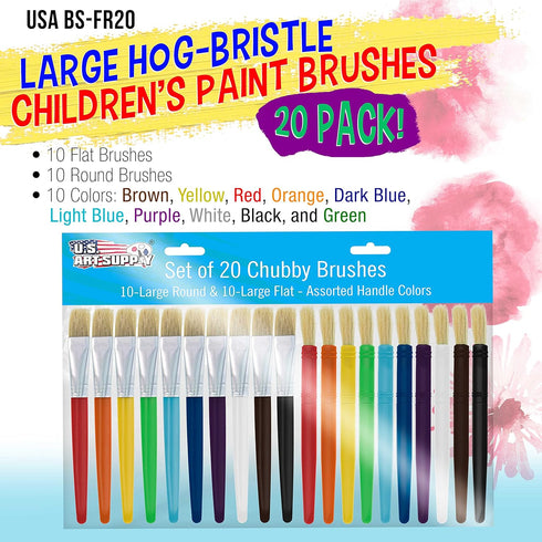 U.S. Art Supply 20-Piece Large Round and Flat Hog Bristle Tempera Paint Brush Set - Fun Party, School, Student, Class Craft Painting - Beginners S...