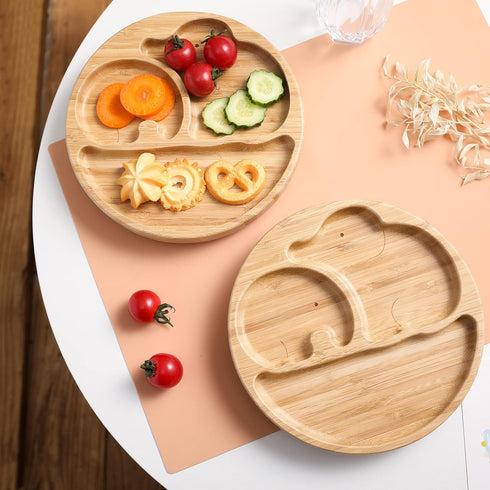 Suction Plates for Baby & Toddler, Bamboo Divided Platter Feeding Dishes with Silicone Fork& Spoon, All-Natural Baby Food Plate Stays for Baby-Led...