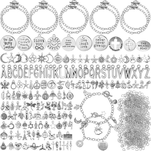 469 Pieces Bangles Making Kit, 10 Pieces Round Link Chain Bracelets with OT Toggle Clasp, 159 Pieces Moon Stars Tibetan Silver Charms and 300 Piec...