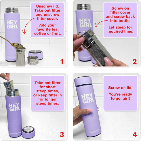 Hey Girl Tea Infuser Bottle 450ml - Insulated Stainless Steel Water Bottle - Tea Tumbler with Tea Diffuser - Portable Travel Mug for Loose Leaf Te...