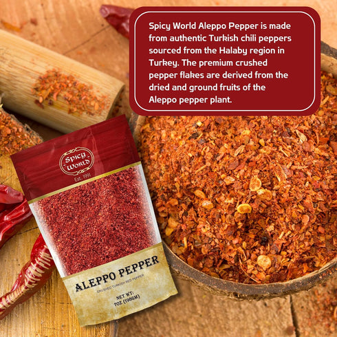 Spicy World Aleppo Pepper Flakes 7 oz | Authentic Turkish Chili Spice for Exquisite Heat & Flavor | Premium Crushed Chili Pepper from Halaby Regio...