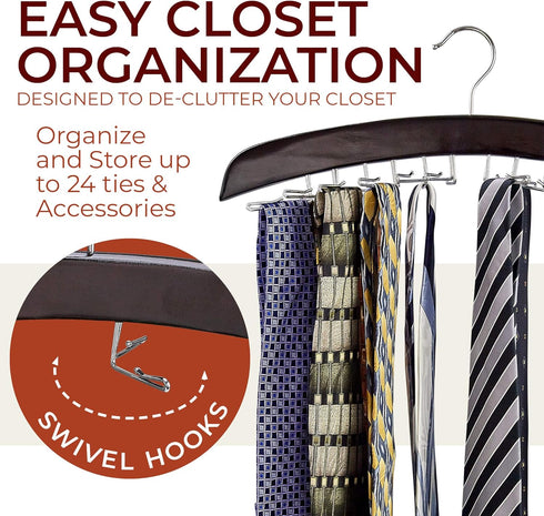 Richards Wooden Tie Rack Hanging Organizer for Mens Closet Accessories, Space Saving Necktie Holder for Storage and Display, Holds 24 Ties, Hook, ...