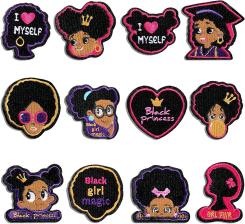 12 Pcs Black Girl Embroidered Patches Iron Sew on Patch Applique GRL Pwr Princess Rules Fabric Clothing Accessories Badge DIY Black History Month ...