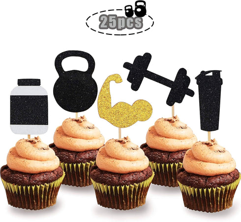 Glitter Gym Theme Cupcake Toppers Weight Lifting Cupcake Toppers for Cross Fit Party, Fitness Themed Birthday Party Supplies...