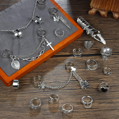 Sanfenly Punk Chain Rings+ Layered Chain Necklace Set for Women Men, Cool Goth Punk Vintage Stackable Open Finger Rings Statement Pendant Choker N...