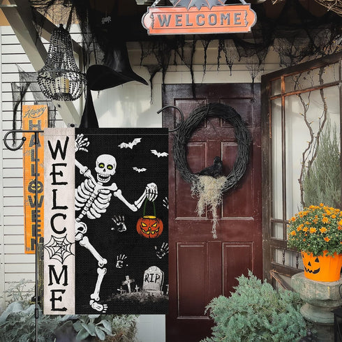 Louise Maelys Halloween Skull Garden Flag 12x18 Double Sided, Burlap Small Spooky Welcome Halloween Pumpkin Bat Yard House Flags Seasonal Holiday ...