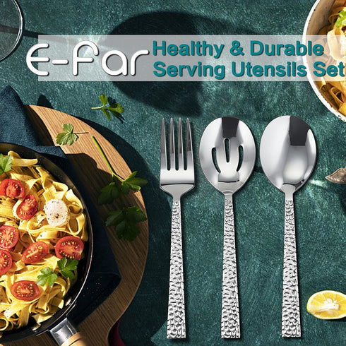 E-far Hammered Serving Utensils Set of 6, Stainless Steel 8.7 Inch Square Hostess Serving Set, Metal Serving Spoon Slotted Spoons Forks for Party ...
