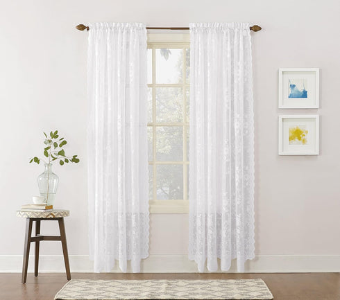 No. 918 Alison Floral Lace Sheer Rod Pocket Curtain Panel, 58" x 72", White...
