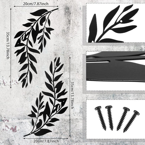 2 Pieces Metal Tree Leaf Wall Decor Vine Olive Branch Leaf Wall Art Black Wrought Iron Scroll Sculptures Metal Leaf Wall Scroll Branch Wall Sculpt...