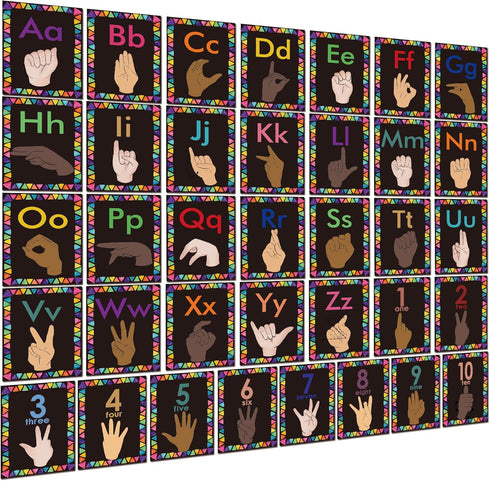 Sign Language Bulletin Board Letters - 36 ASL Alphabet Learning ABC Alphabet Poster Classroom Decor Cards Set Kindergarten/Primary School Classroo...