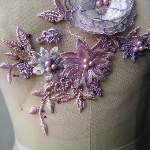 Lace Fabric 3D Flowers Appliques Beads Rhinestones Embroidery Sew Patch for DIY Wedding Decoration Dress (Pink+Purple)...