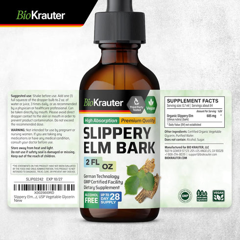 BIO KRAUTER Slippery Elm Bark Drops - Ulmus Rubra Slippery Elm Liquid - Respiratory & Digestive Health - Vegan, Alcohol & Sugar Free Extract - 2 F...