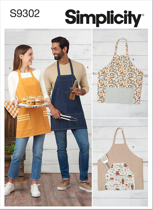 Simplicity Men's and Women's BBQ Style Apron Packet, Code 9302 Sewing Pattern, One Size, White...