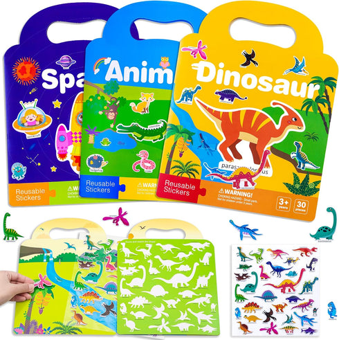 Reusable Sticker Book for Kids, 3 Sets Themed Activity Books with Puffy Stickers for Toddlers Boys Girls 3 4 5 Preschool Educational Learning Toys...