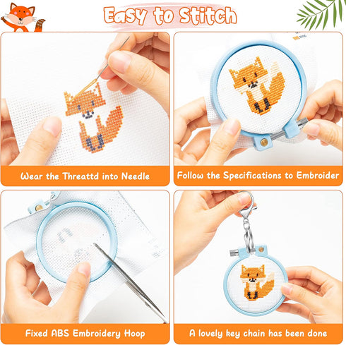 WATINC 5Pcs Embroidery Kit for Kids Stamped Cross Stitch DIY Key Chain with Woodland Animal Patterns Needlepoint Starter Kits Craft Supplies for B...