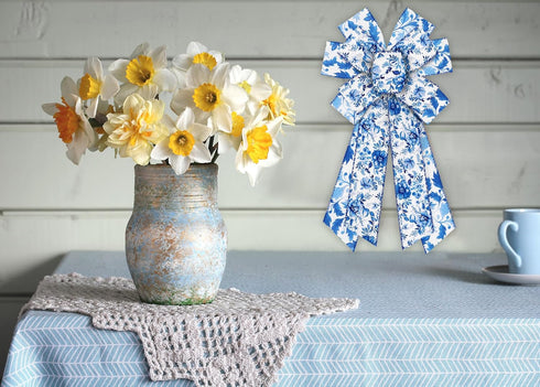 2 Rolls Spring Ribbons Linen Blue Flower Spring Decor Ribbons Spring Flower Leaves Floral Wired Ribbons for Spring Party Gift Wrapping Home Decora...