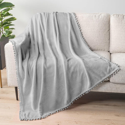 PAVILIA Fleece Throw Blanket for Couch with Pom Pom Fringe, Light Grey, Soft Cozy Fuzzy Flannel Blanket for Sofa Bed, Large Lightweight Plush All ...