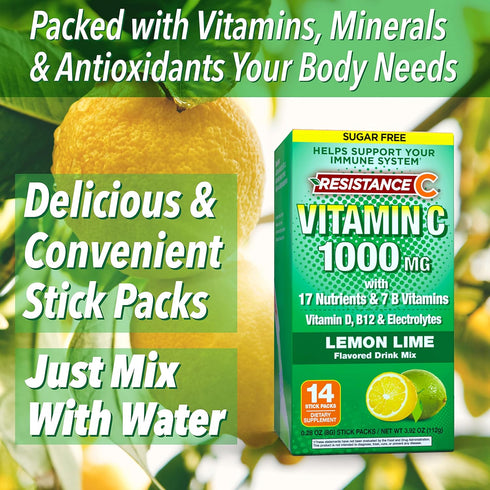 Stick Packs 16 Nutrients & 7 B-Vitamins, Help Support Immune System, Powerful Antioxidants, Contains Electrolytes, Green, Lemon-Lime Flavor, 14 Co...