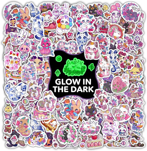 Cute Cats Water Bottle Stickers for Kids Glow in The Dark, 140 PCS Vinyl Waterproof Kitty Stickers Pack for Laptop Skateboard Phone Case, Cute Kit...