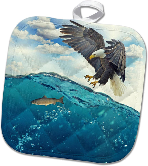 3D Rose Fish Wild Design Art Animal Nature Hawk Hunting Eagle Pot Holder, 8 x 8...