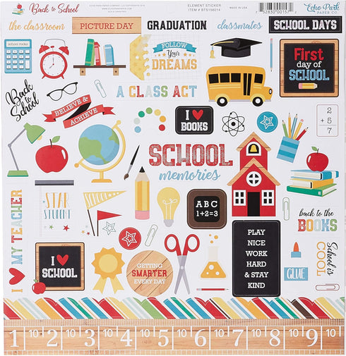 Echo Park Paper Company Back to School Collection Kit paper, 2-x-2, Blue/Black/Red/Green/Yellow, 12-x-12"...