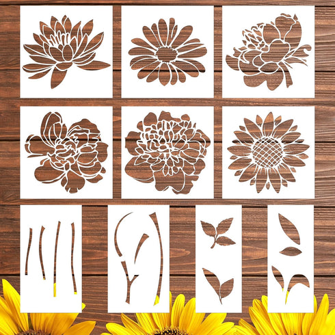 Large Flower Stencils, 10 Pcs Reusable Flower Stencils for Painting on Wood, Sunflower Peony Flower Stencils for Painting on Wood Garden Fence Wal...