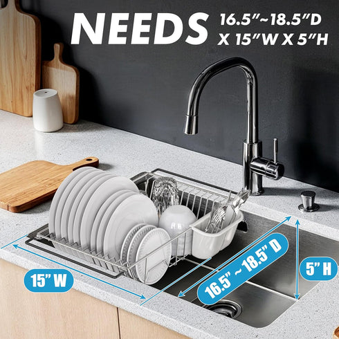 SIMPLE HOUSEWARE Large Over Sink Counter Top Stainless Steel Dish Drainer Drying Rack with Utensil Holder, Chrome...